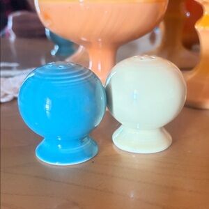 Fiestaware Salt and Pepper Shakers teal and light yellow